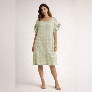 SIXTYDAYS Women’s 100% Linen Made in Italy Light Green Ruffle Sleeve Beach Dress